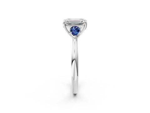 White gold Emerald Cut Diamond Three-Stone Ring with Pear with Blue Sapphire side stone Side Stones and Prong Setting_26