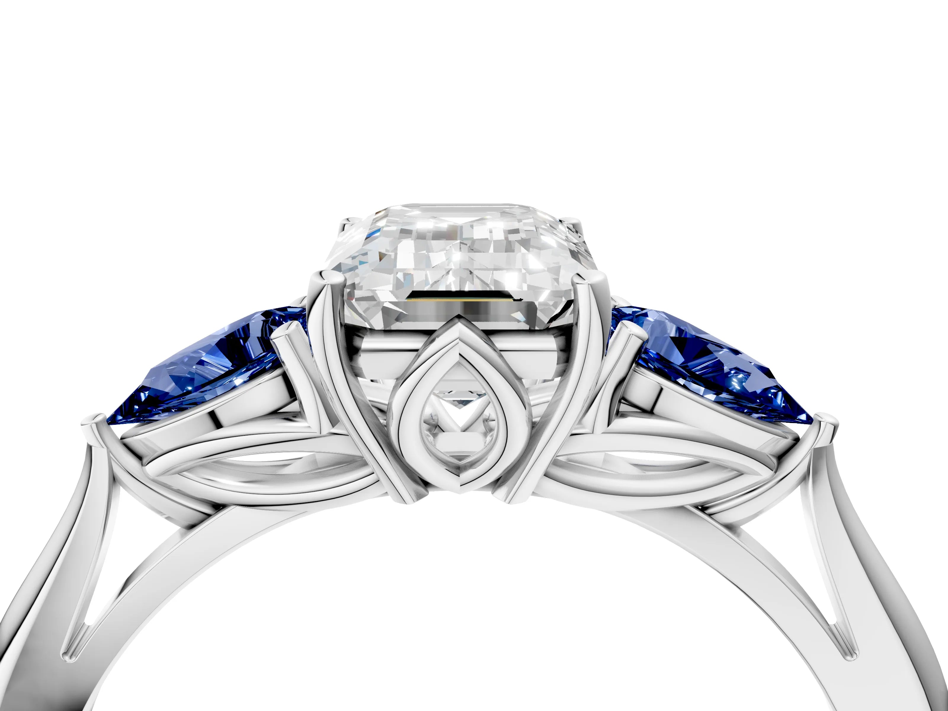 White gold Emerald Cut Diamond Three-Stone Ring with Pear with Blue Sapphire side stone Side Stones and Prong Setting_28