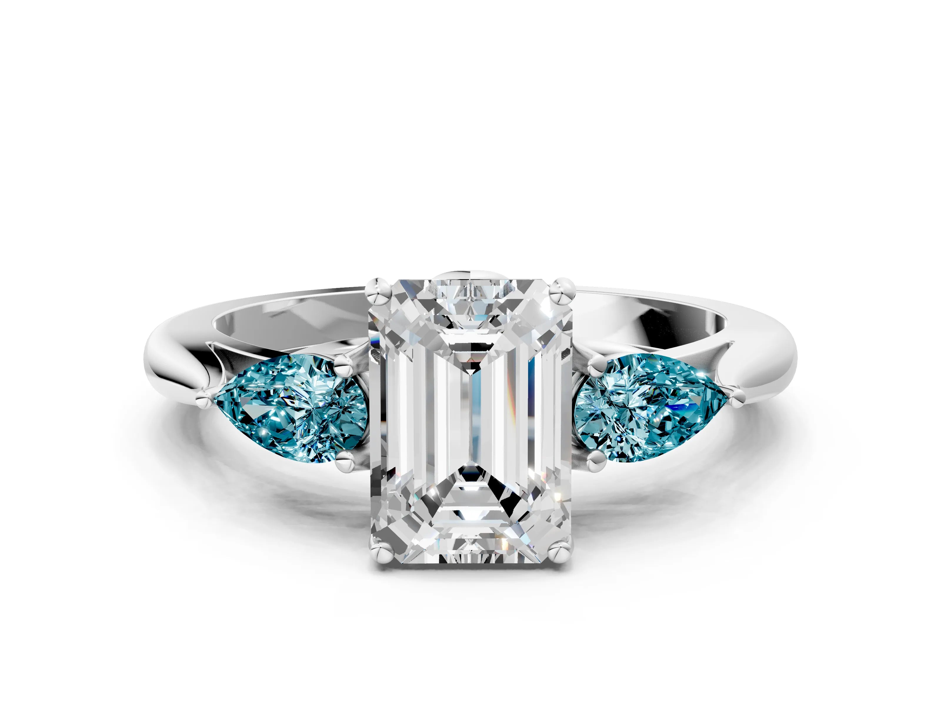 White gold Emerald Cut Diamond Three-Stone Ring with Pear with Blue Topaz side stone Side Stones and Prong Setting_12