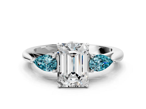 White gold Emerald Cut Diamond Three-Stone Ring with Pear with Blue Topaz side stone Side Stones and Prong Setting_12