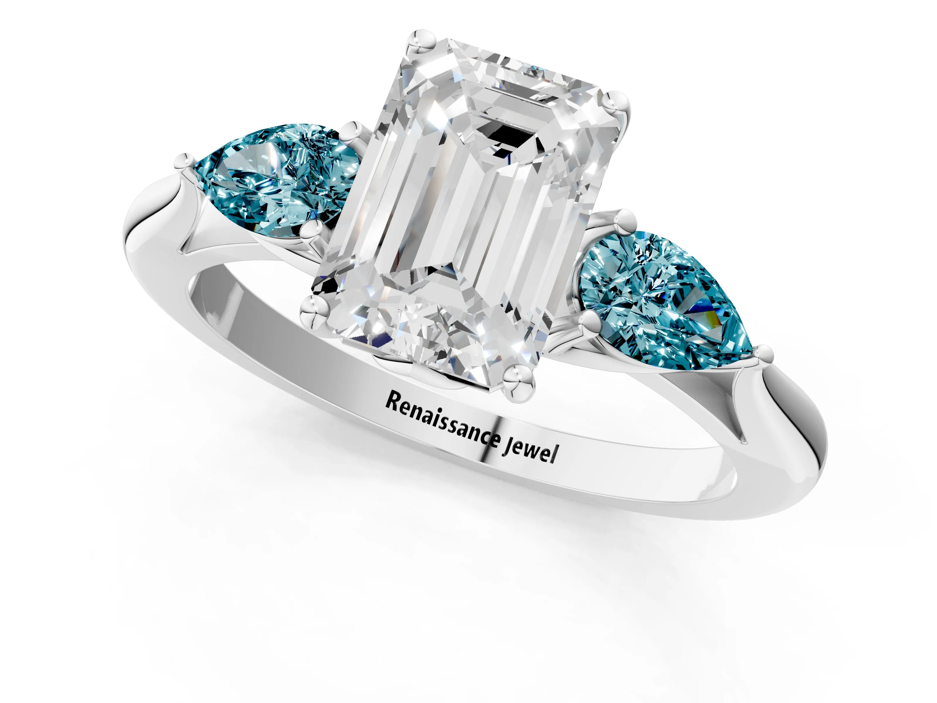 White gold Emerald Cut Diamond Three-Stone Ring with Pear with Blue Topaz side stone Side Stones and Prong Setting_13