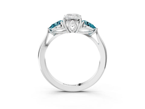 White gold Emerald Cut Diamond Three-Stone Ring with Pear with Blue Topaz side stone Side Stones and Prong Setting_15