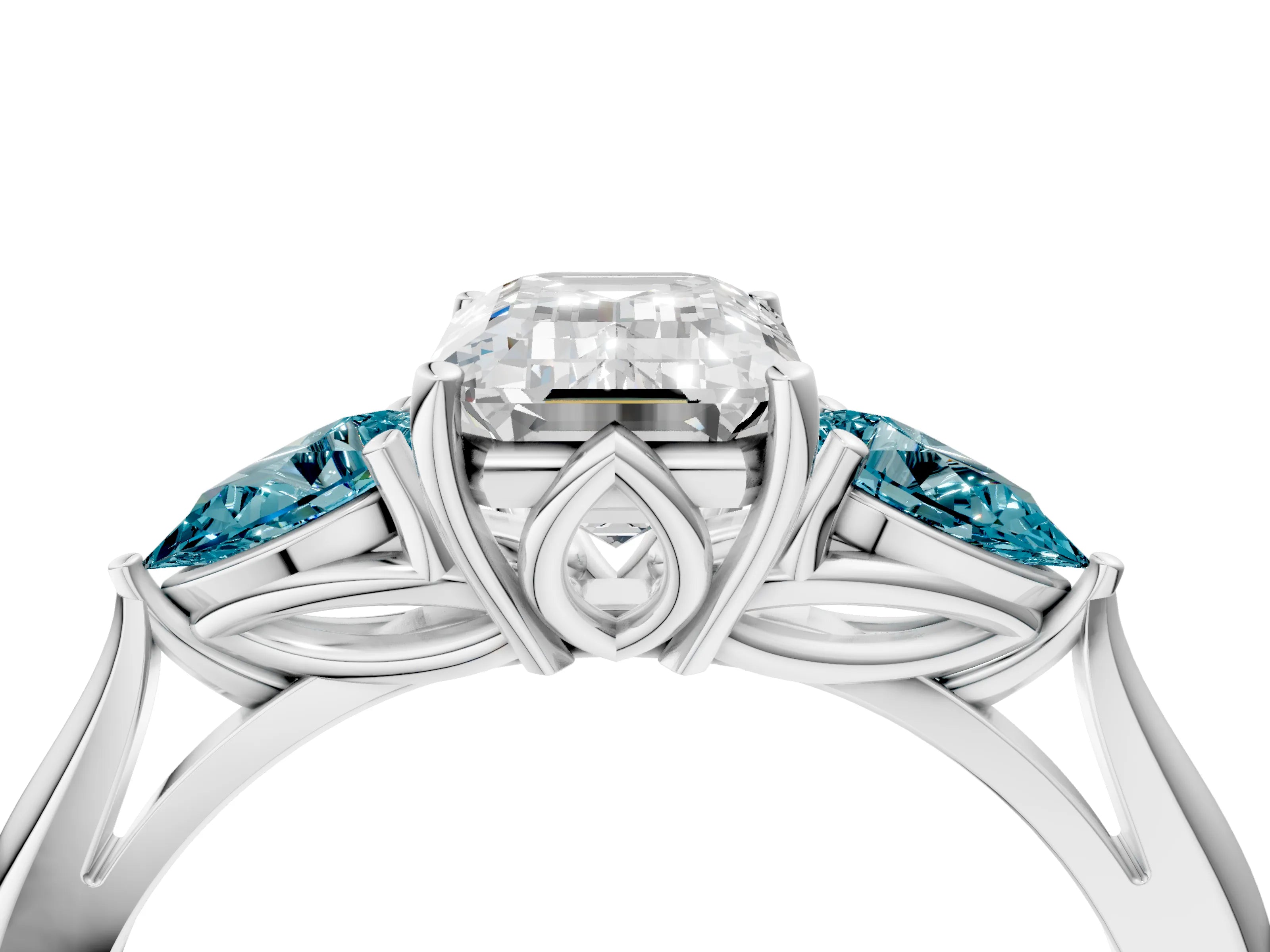 White gold Emerald Cut Diamond Three-Stone Ring with Pear with Blue Topaz side stone Side Stones and Prong Setting_16