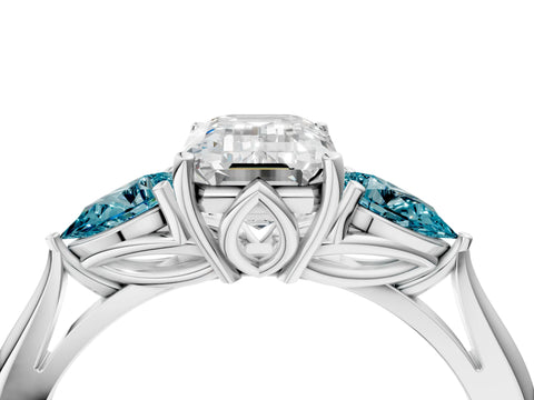 White gold Emerald Cut Diamond Three-Stone Ring with Pear with Blue Topaz side stone Side Stones and Prong Setting_16