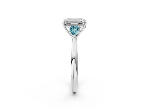 White gold Emerald Cut Diamond Three-Stone Ring with Pear with Blue Topaz side stone Side Stones and Prong Setting_26