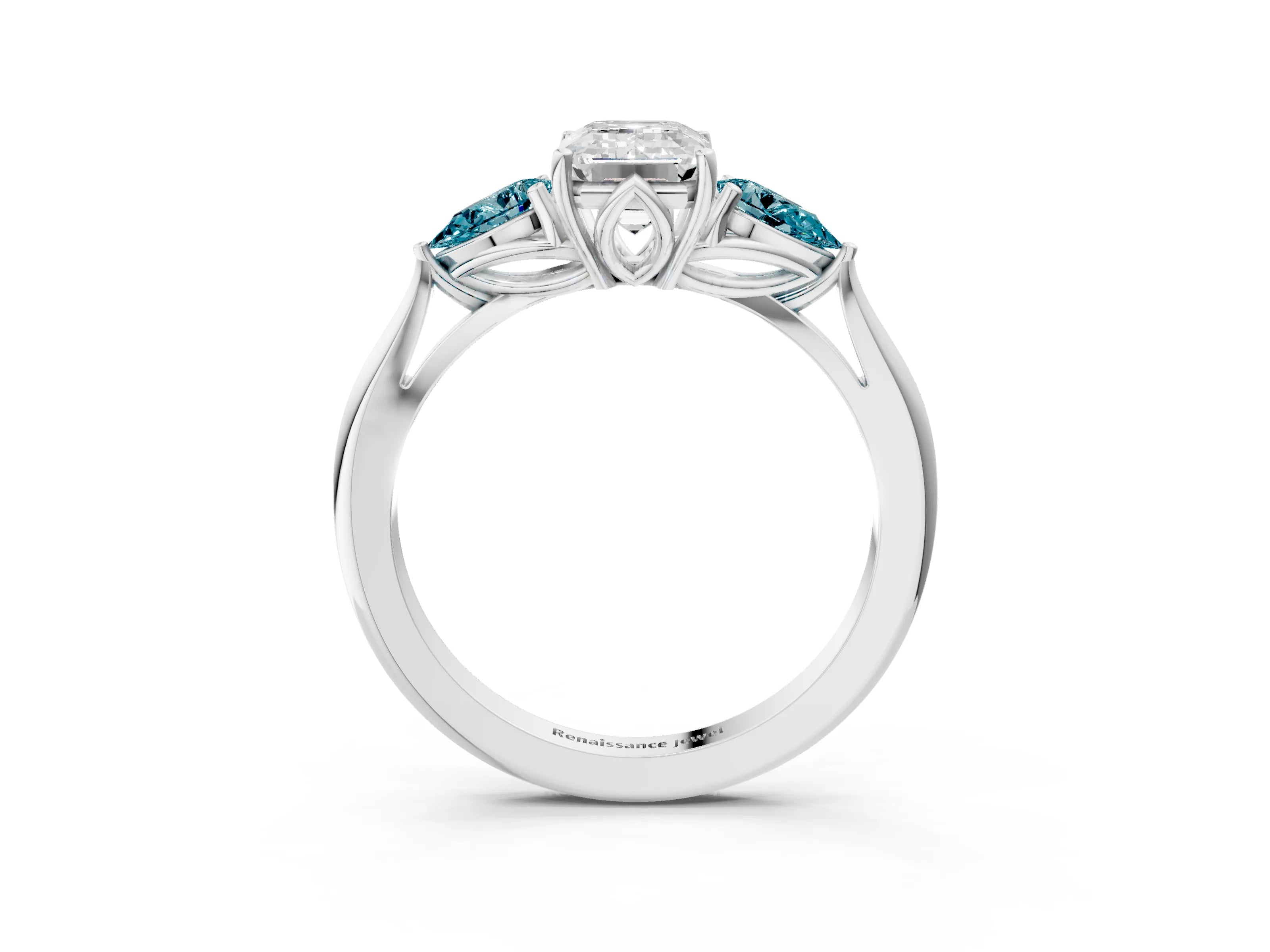 White gold Emerald Cut Diamond Three-Stone Ring with Pear with Blue Topaz side stone Side Stones and Prong Setting_27