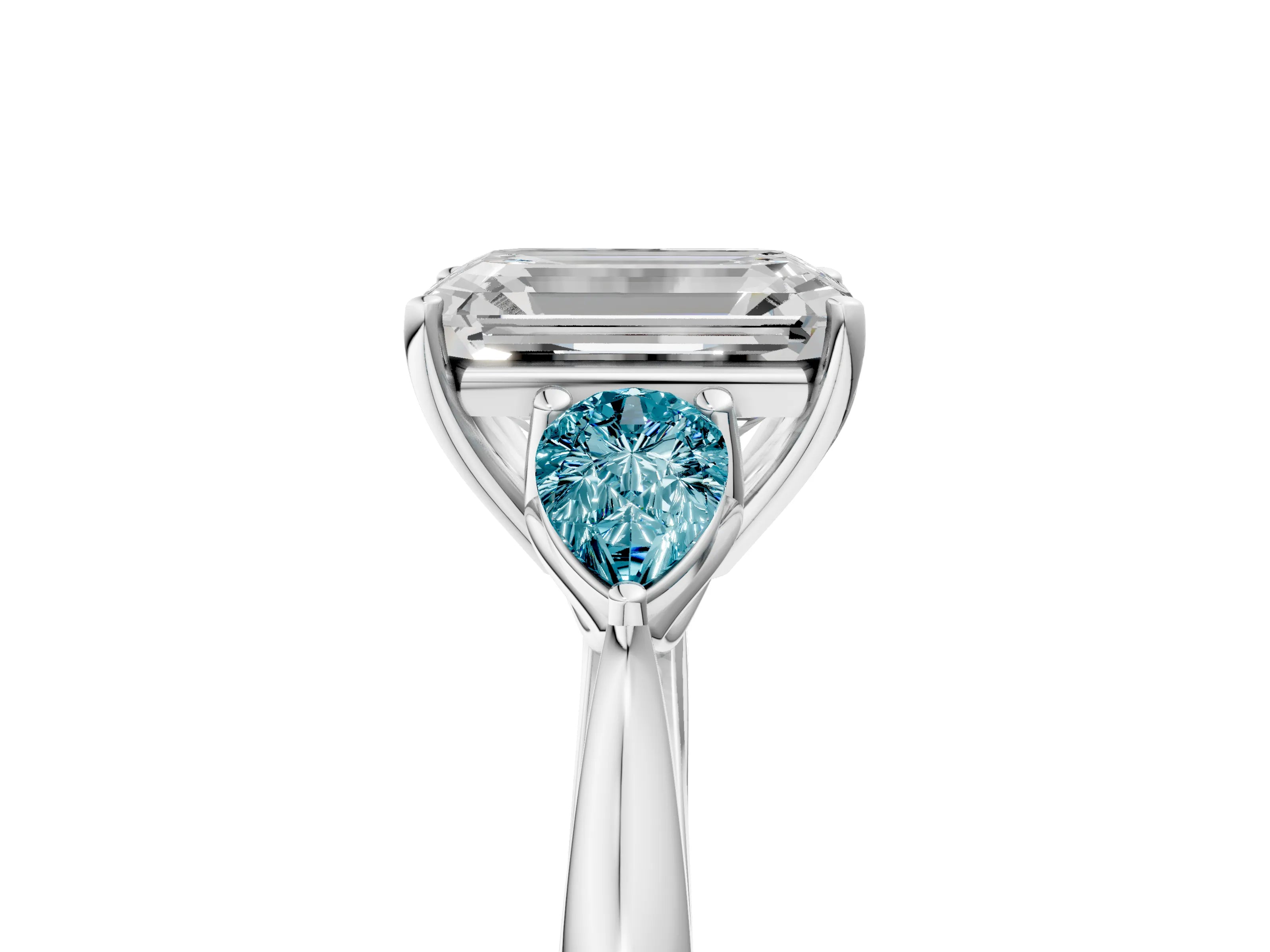 White gold Emerald Cut Diamond Three-Stone Ring with Pear with Blue Topaz side stone Side Stones and Prong Setting_29
