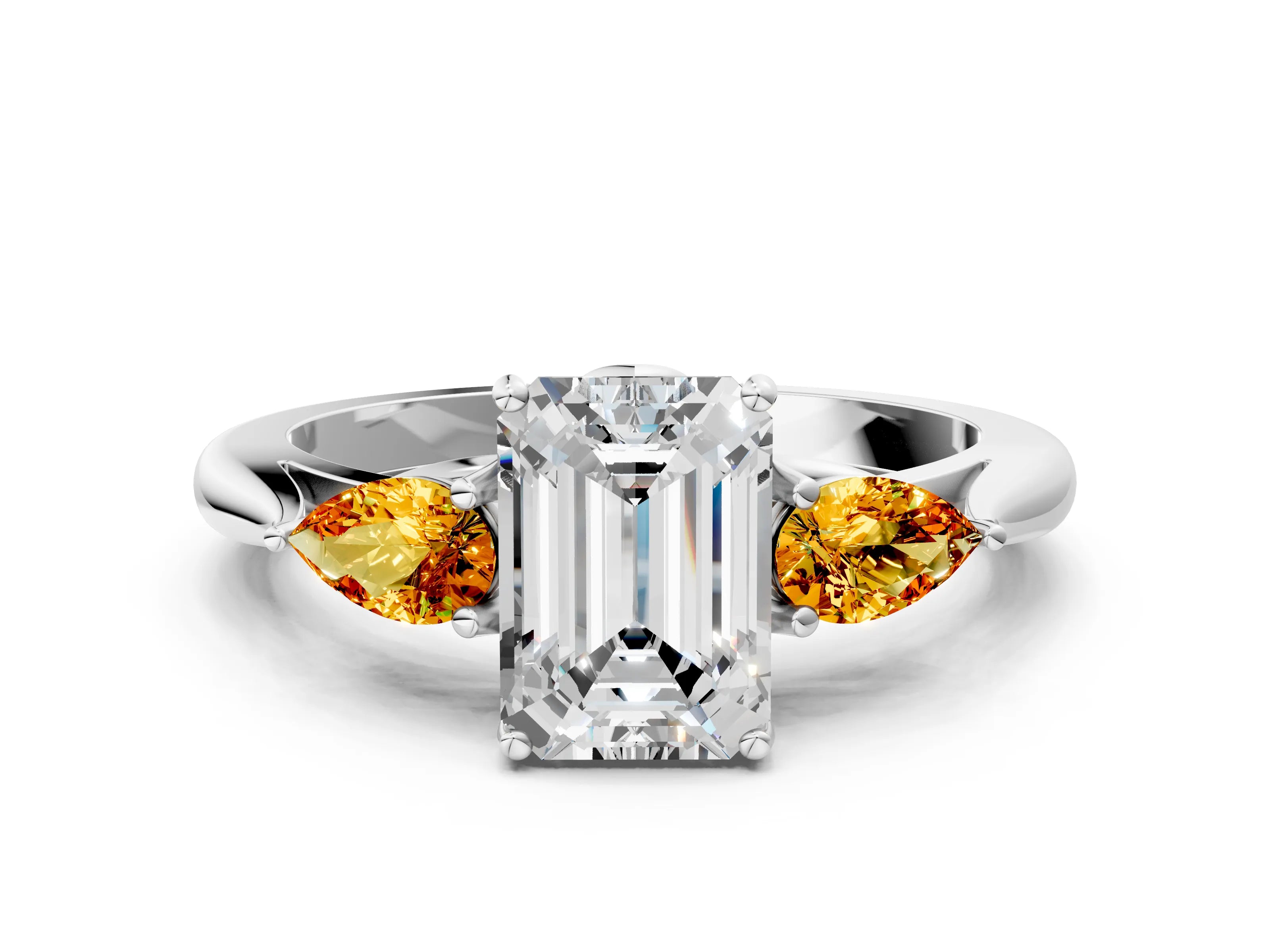 White gold Emerald Cut Diamond Three-Stone Ring with Pear with Citrine side stone Side Stones and Prong Setting_24