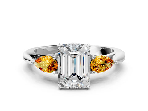 White gold Emerald Cut Diamond Three-Stone Ring with Pear with Citrine side stone Side Stones and Prong Setting_24
