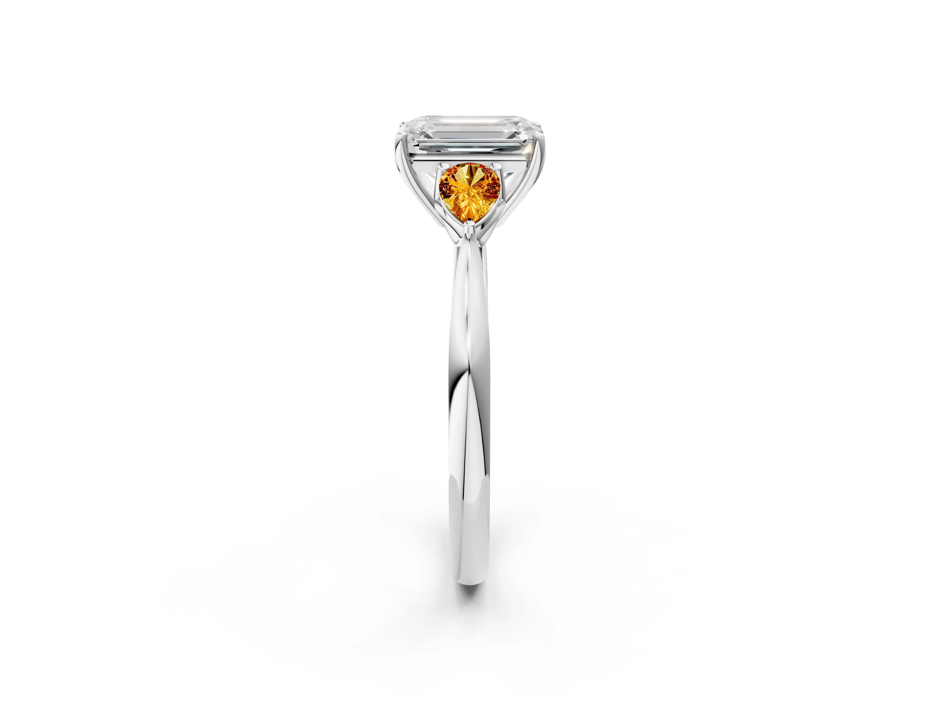 White gold Emerald Cut Diamond Three-Stone Ring with Pear with Citrine side stone Side Stones and Prong Setting_26