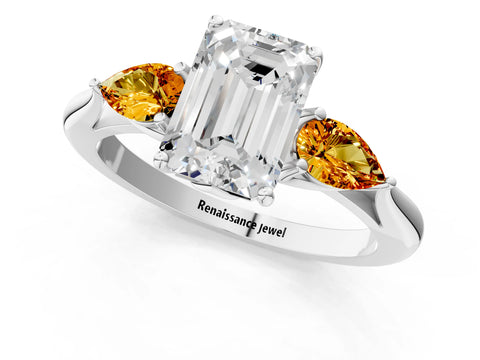 White gold Emerald Cut Diamond Three-Stone Ring with Pear with Citrine side stone Side Stones and Prong Setting_37