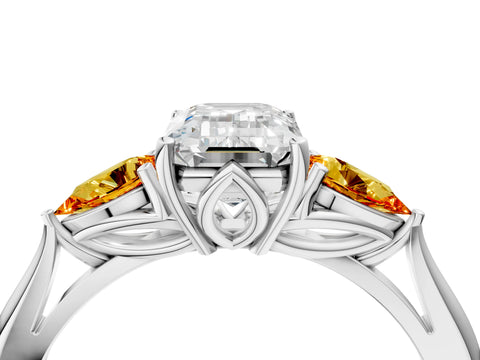 White gold Emerald Cut Diamond Three-Stone Ring with Pear with Citrine side stone Side Stones and Prong Setting_40