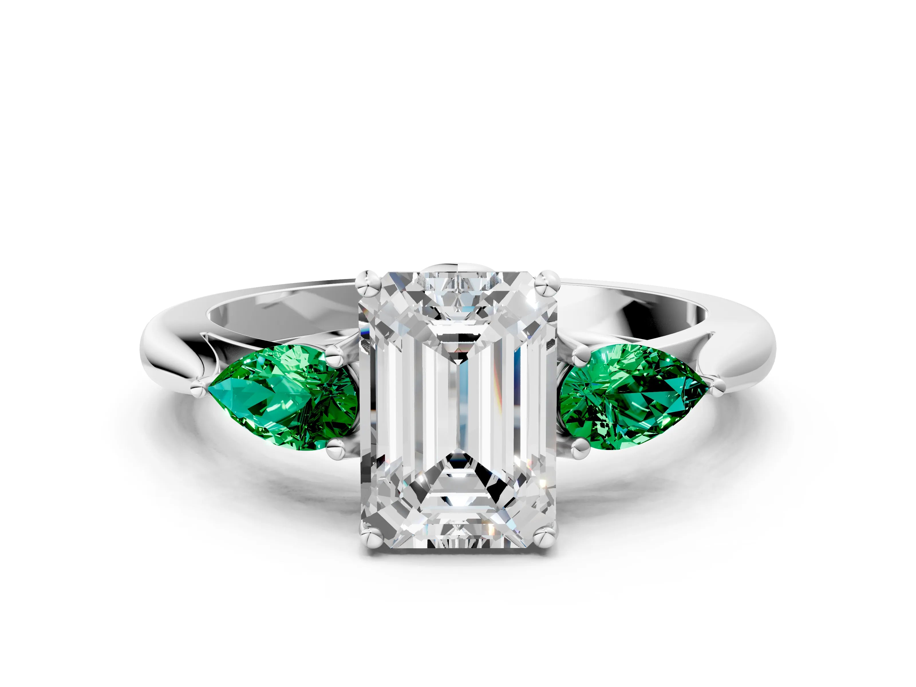 White gold Emerald Cut Diamond Three-Stone Ring with Pear with Emerald side stone Side Stones and Prong Setting_24