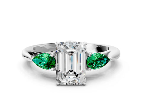 White gold Emerald Cut Diamond Three-Stone Ring with Pear with Emerald side stone Side Stones and Prong Setting_24