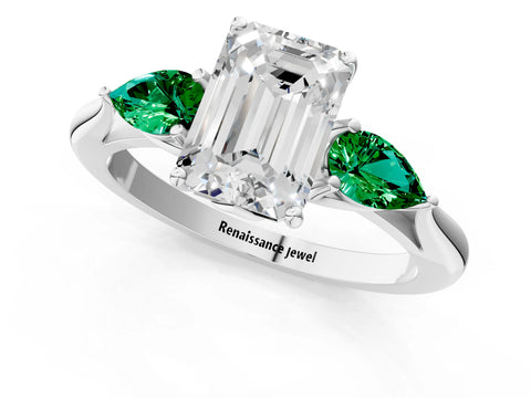 White gold Emerald Cut Diamond Three-Stone Ring with Pear with Emerald side stone Side Stones and Prong Setting_25