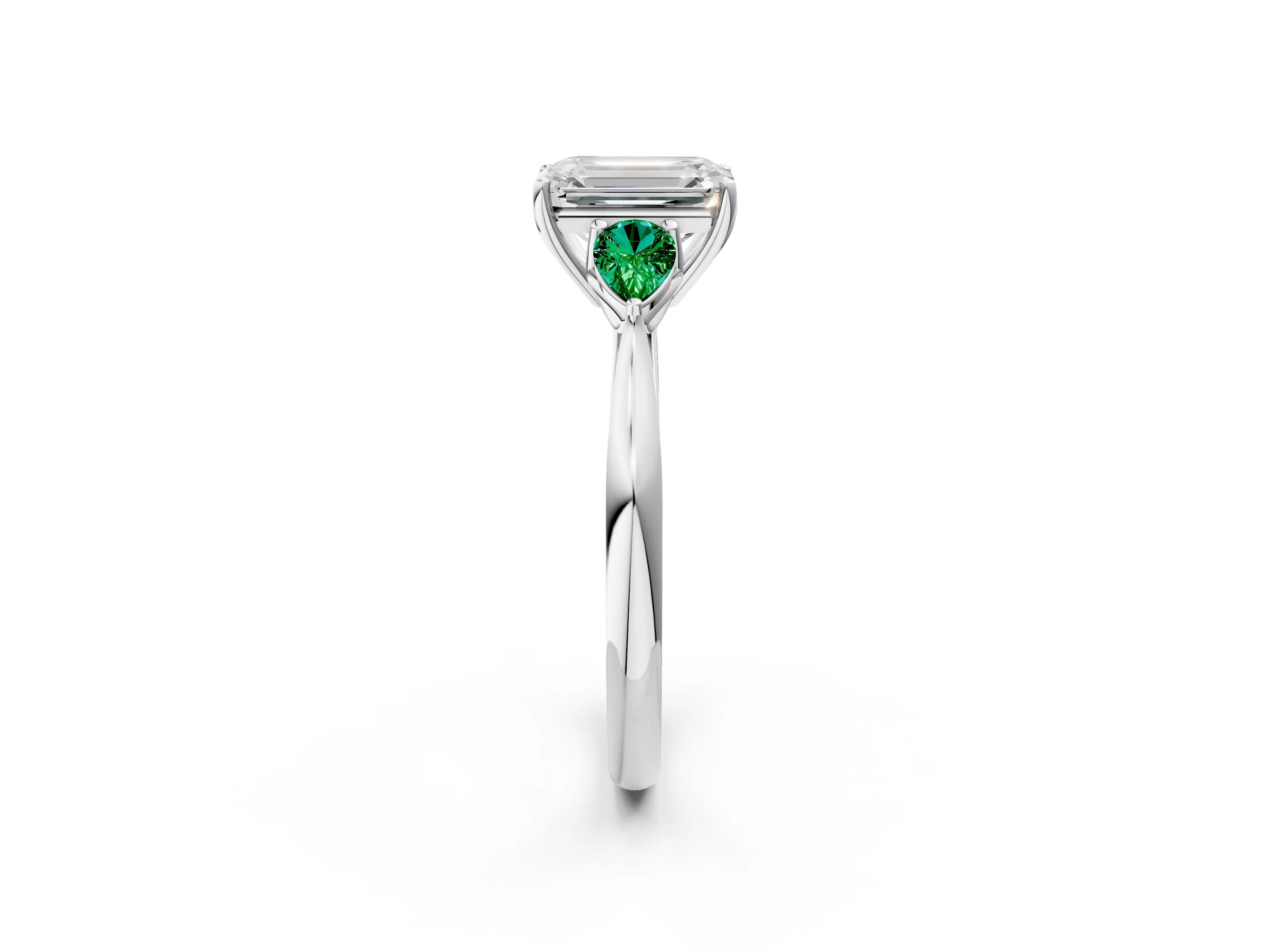 White gold Emerald Cut Diamond Three-Stone Ring with Pear with Emerald side stone Side Stones and Prong Setting_26