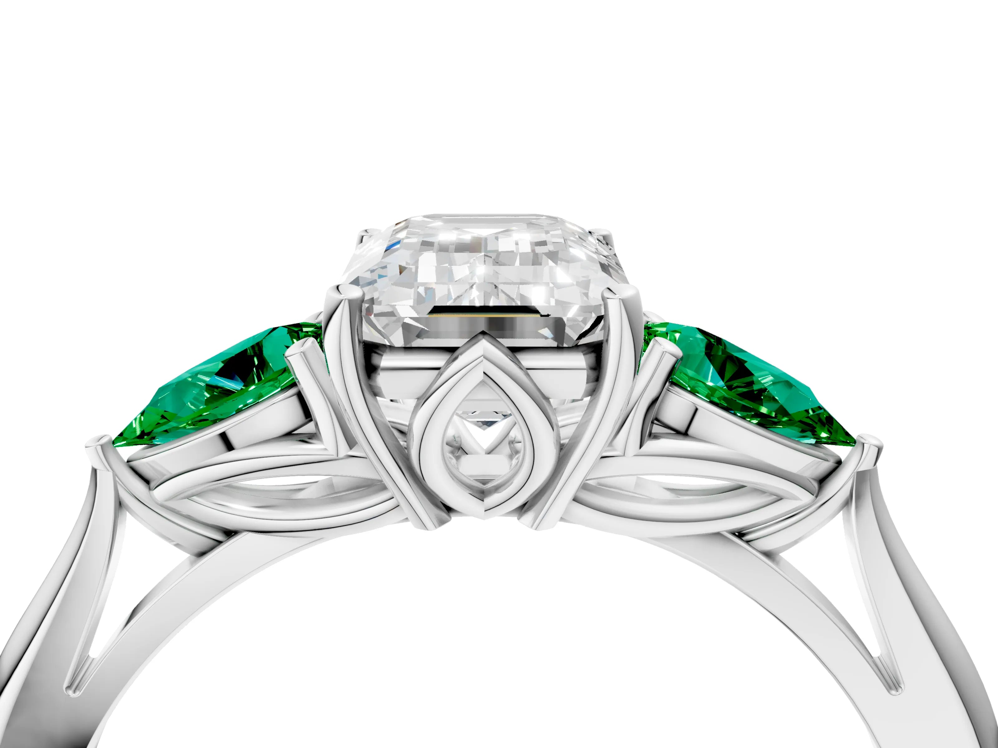 White gold Emerald Cut Diamond Three-Stone Ring with Pear with Emerald side stone Side Stones and Prong Setting_28
