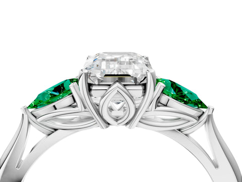 White gold Emerald Cut Diamond Three-Stone Ring with Pear with Emerald side stone Side Stones and Prong Setting_28