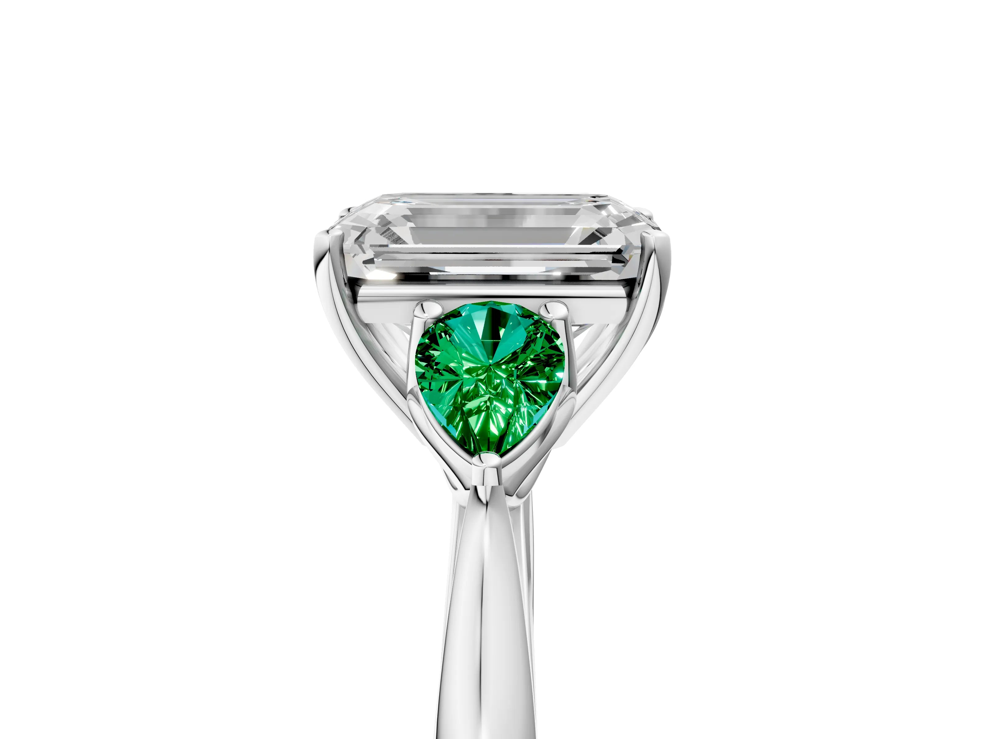 White gold Emerald Cut Diamond Three-Stone Ring with Pear with Emerald side stone Side Stones and Prong Setting_29