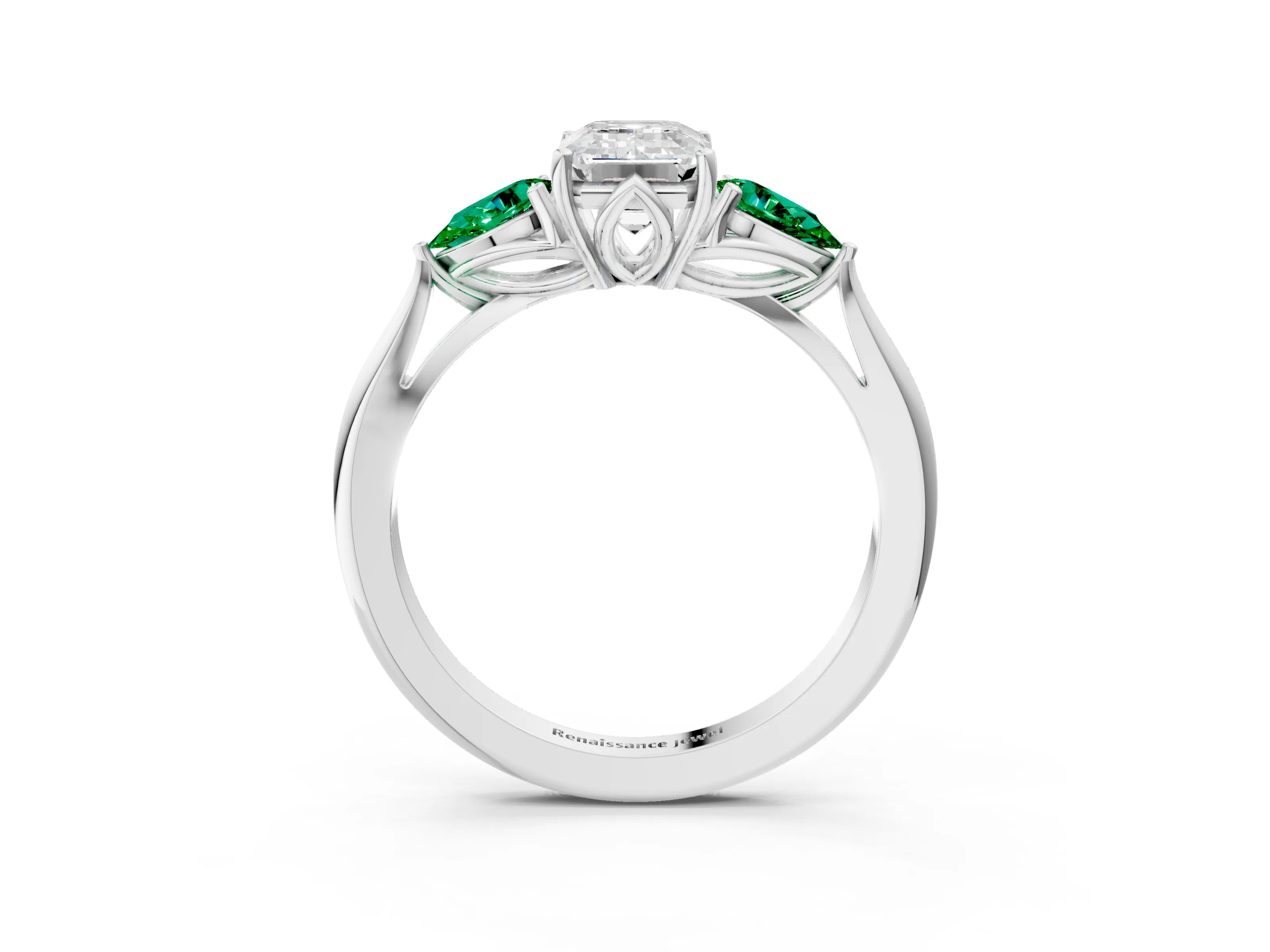 White gold Emerald Cut Diamond Three-Stone Ring with Pear with Emerald side stone Side Stones and Prong Setting_39