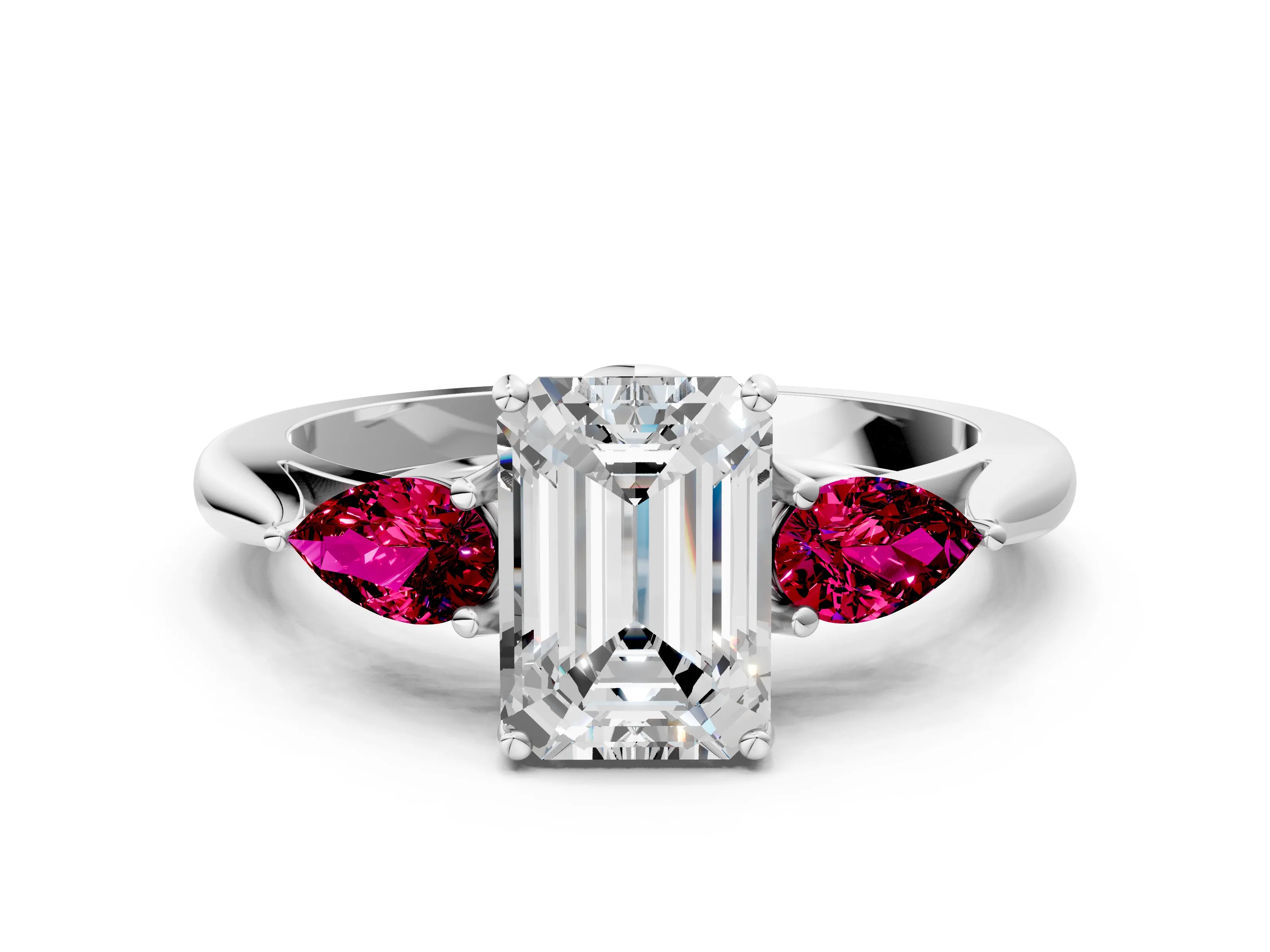 White gold Emerald Cut Diamond Three-Stone Ring with Pear with Garnet side stone Side Stones and Prong Setting_12