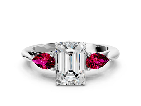 White gold Emerald Cut Diamond Three-Stone Ring with Pear with Garnet side stone Side Stones and Prong Setting_12