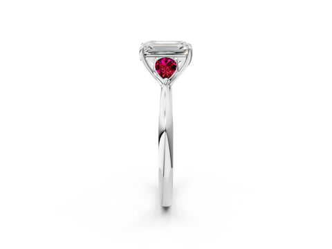 White gold Emerald Cut Diamond Three-Stone Ring with Pear with Garnet side stone Side Stones and Prong Setting_14