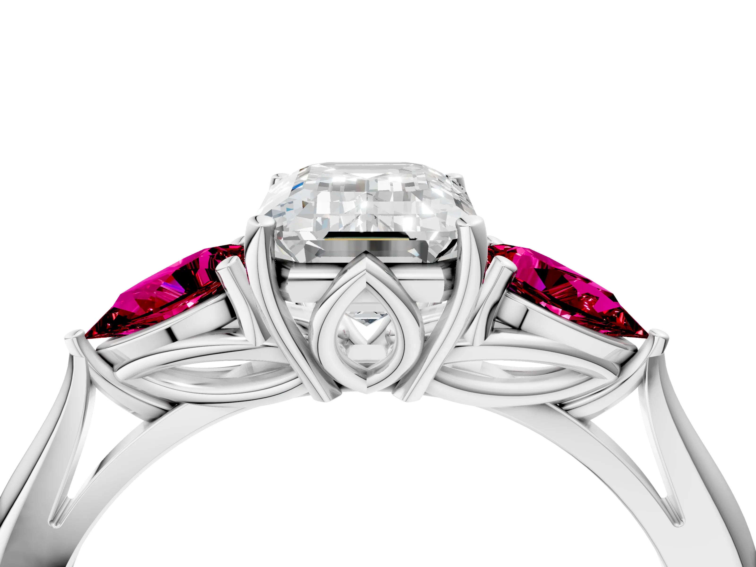 White gold Emerald Cut Diamond Three-Stone Ring with Pear with Garnet side stone Side Stones and Prong Setting_16