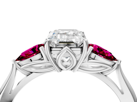 White gold Emerald Cut Diamond Three-Stone Ring with Pear with Garnet side stone Side Stones and Prong Setting_16