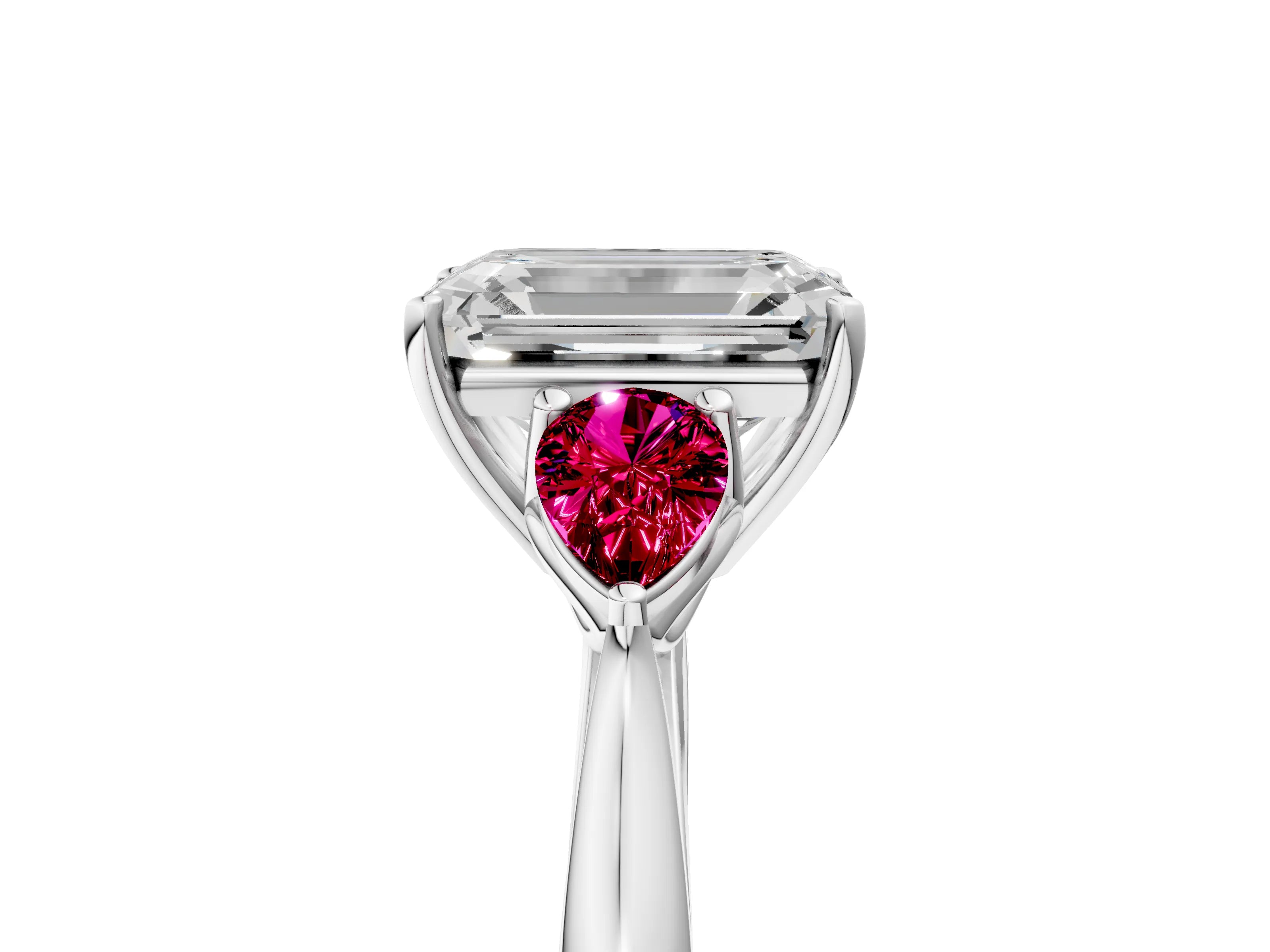 White gold Emerald Cut Diamond Three-Stone Ring with Pear with Garnet side stone Side Stones and Prong Setting_17