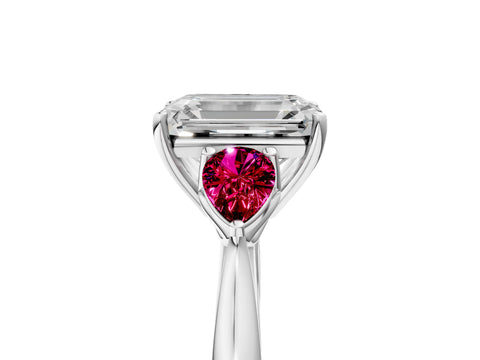 White gold Emerald Cut Diamond Three-Stone Ring with Pear with Garnet side stone Side Stones and Prong Setting_17
