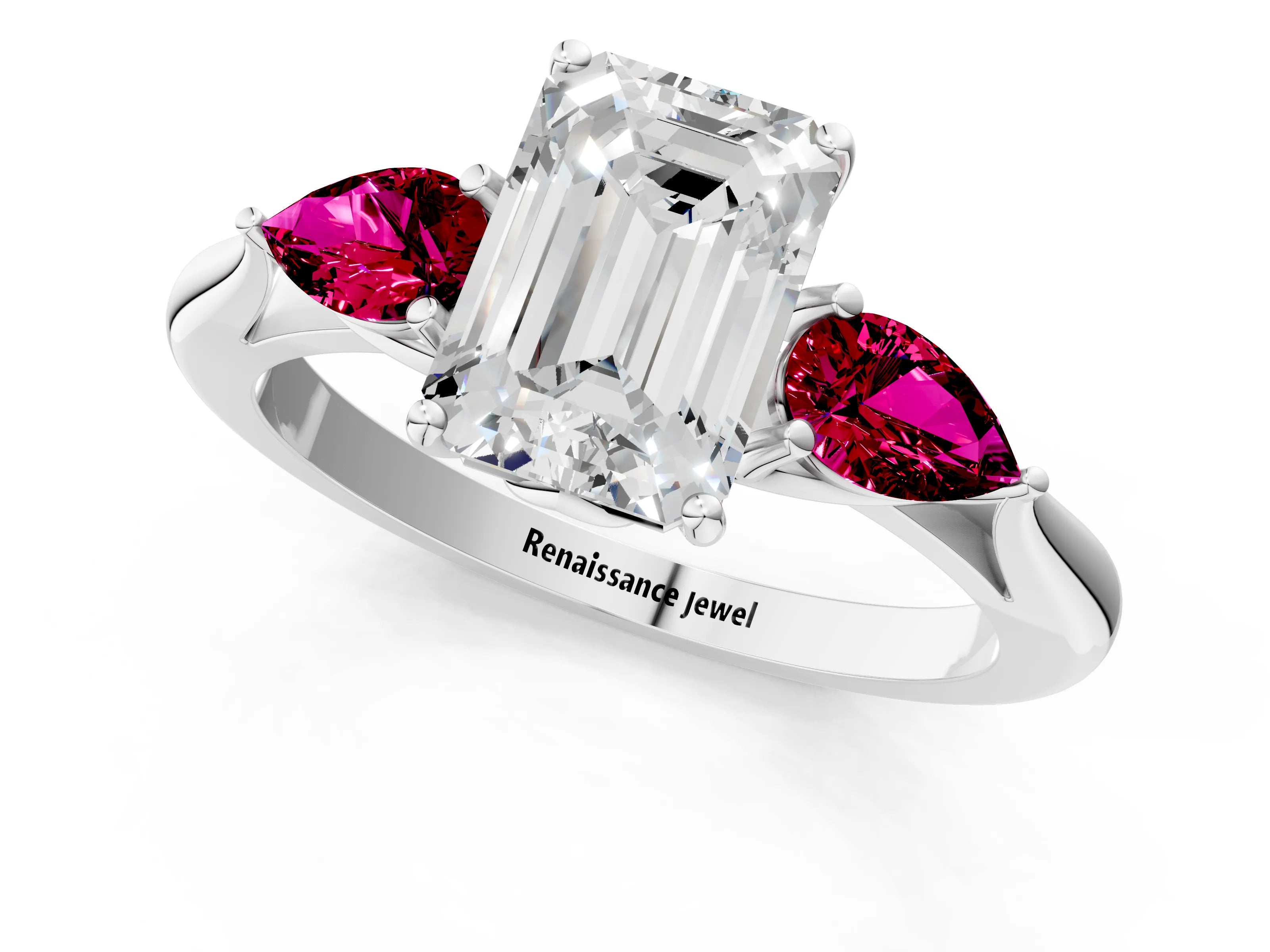 White gold Emerald Cut Diamond Three-Stone Ring with Pear with Garnet side stone Side Stones and Prong Setting_25