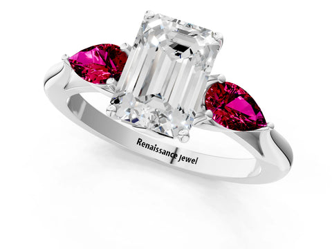 White gold Emerald Cut Diamond Three-Stone Ring with Pear with Garnet side stone Side Stones and Prong Setting_25