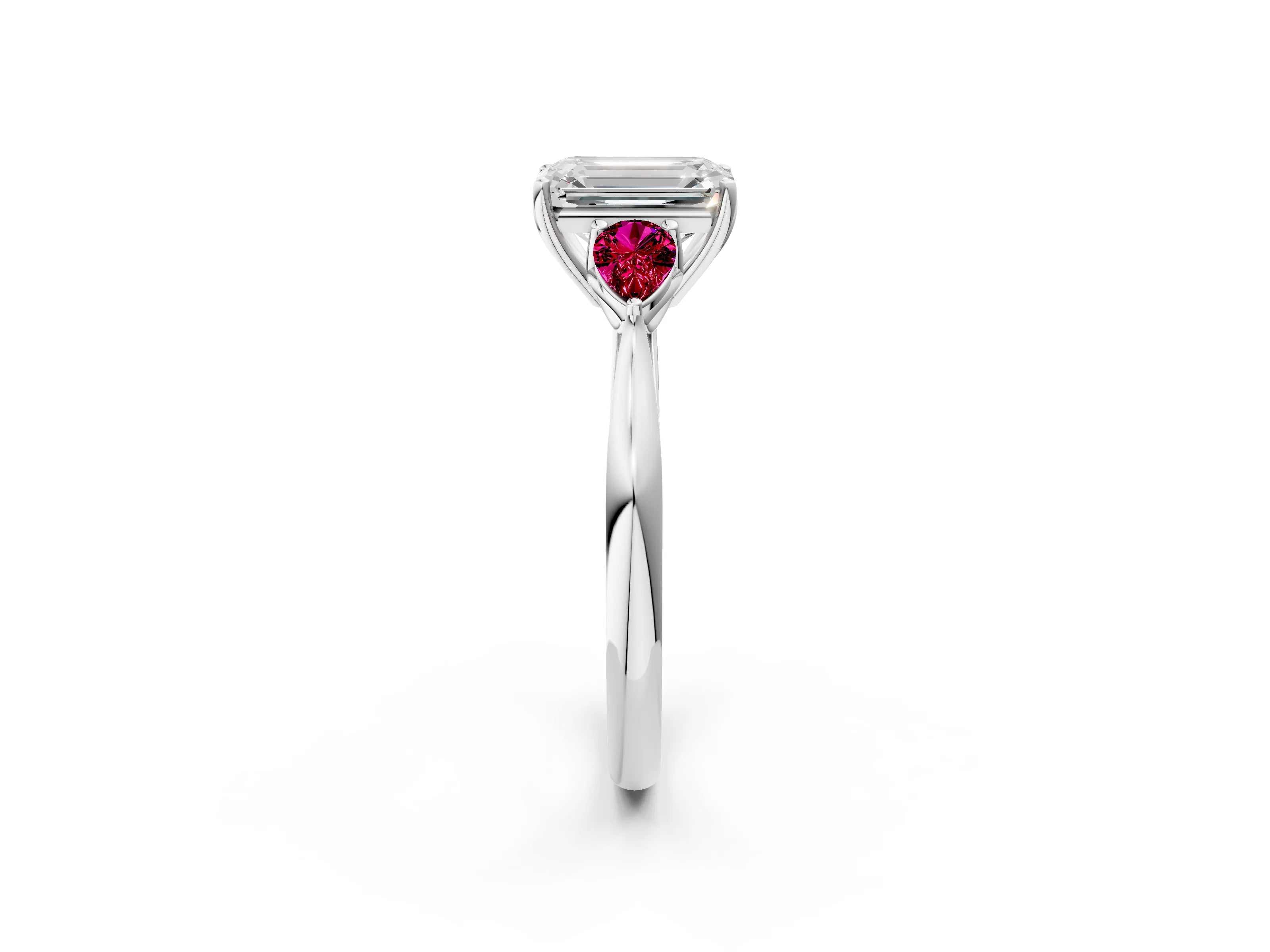 White gold Emerald Cut Diamond Three-Stone Ring with Pear with Garnet side stone Side Stones and Prong Setting_26
