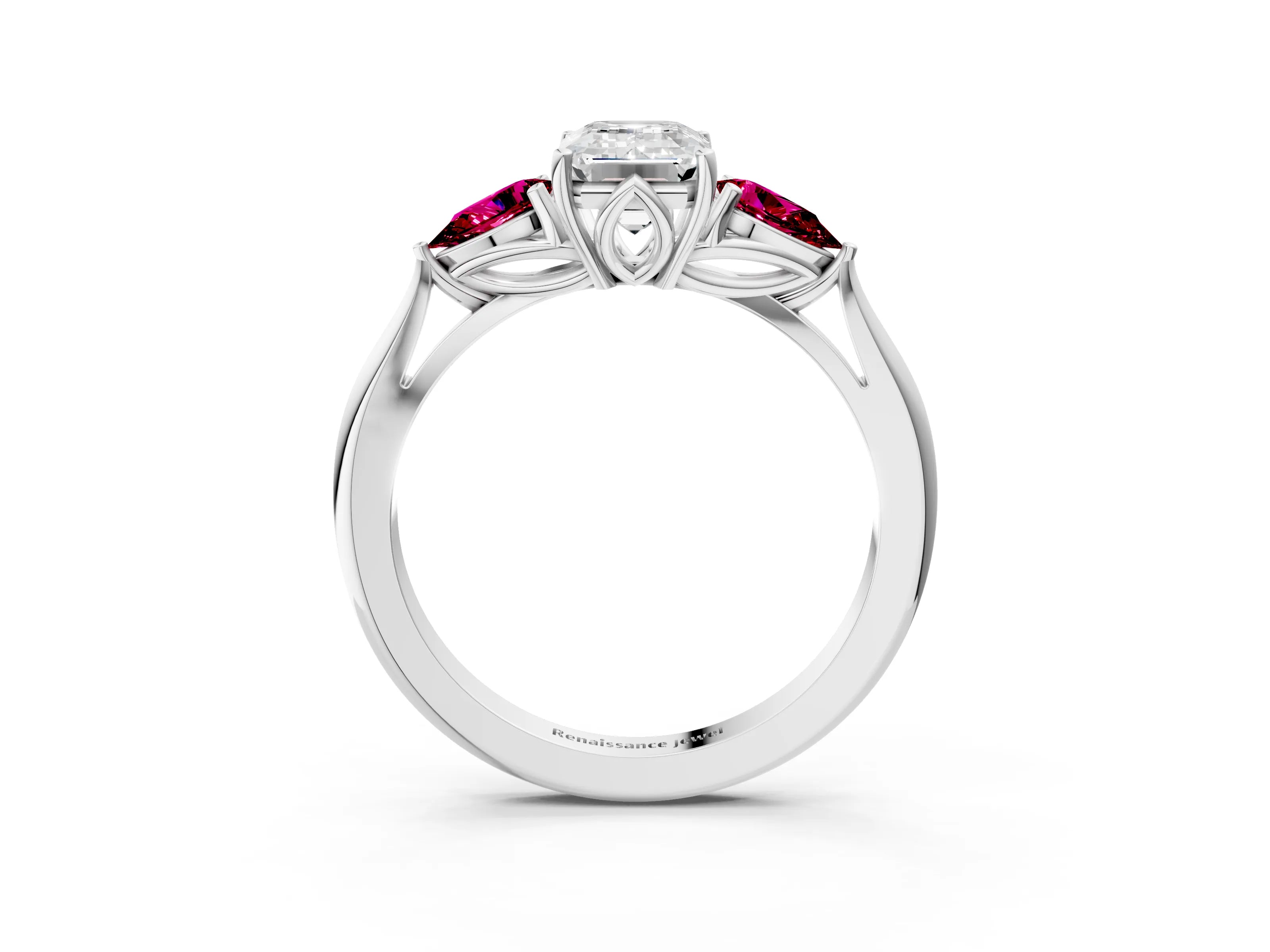 White gold Emerald Cut Diamond Three-Stone Ring with Pear with Garnet side stone Side Stones and Prong Setting_27