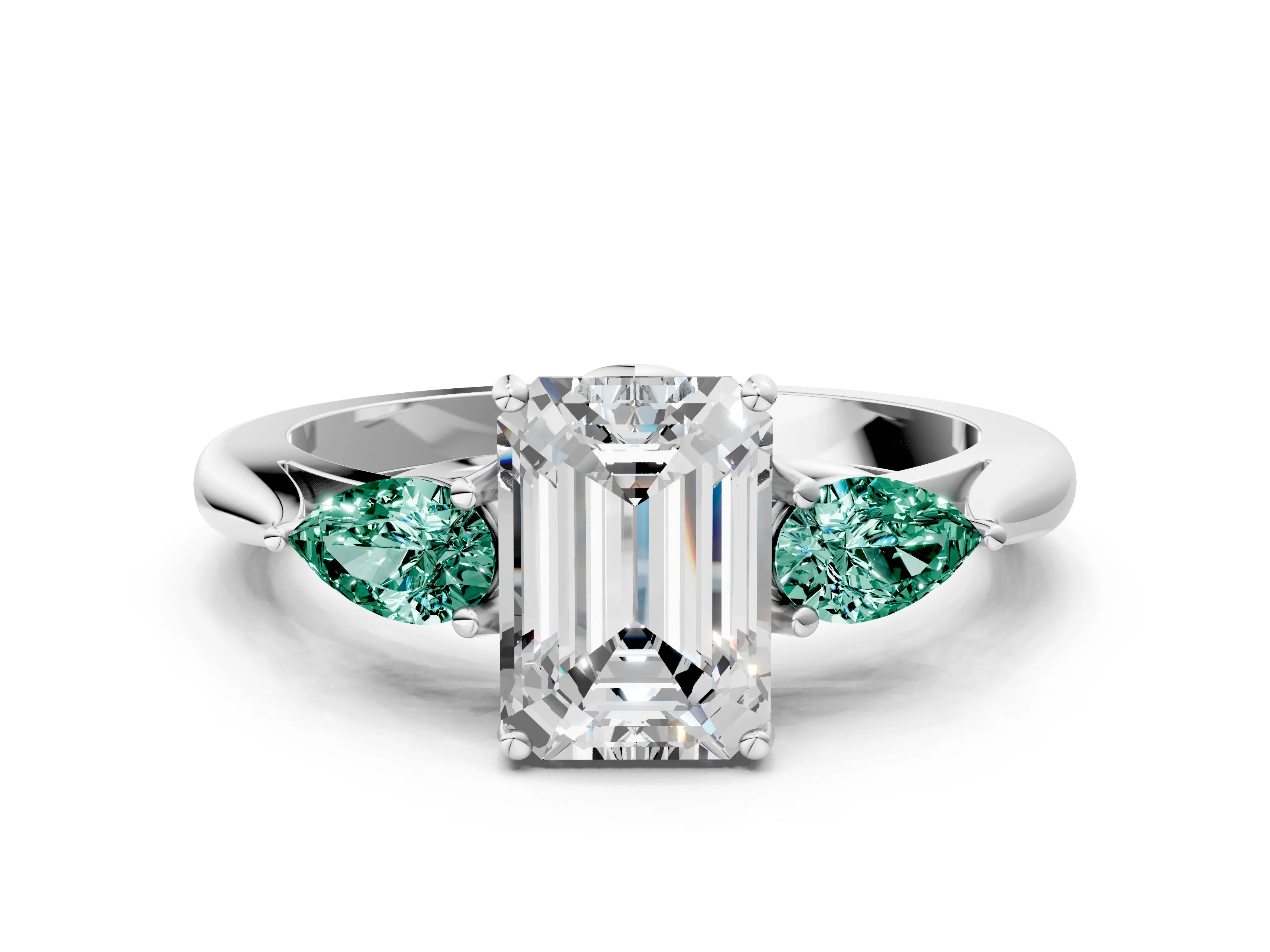 White gold Emerald Cut Diamond Three-Stone Ring with Pear with Green Sapphire side stone Side Stones and Prong Setting_48
