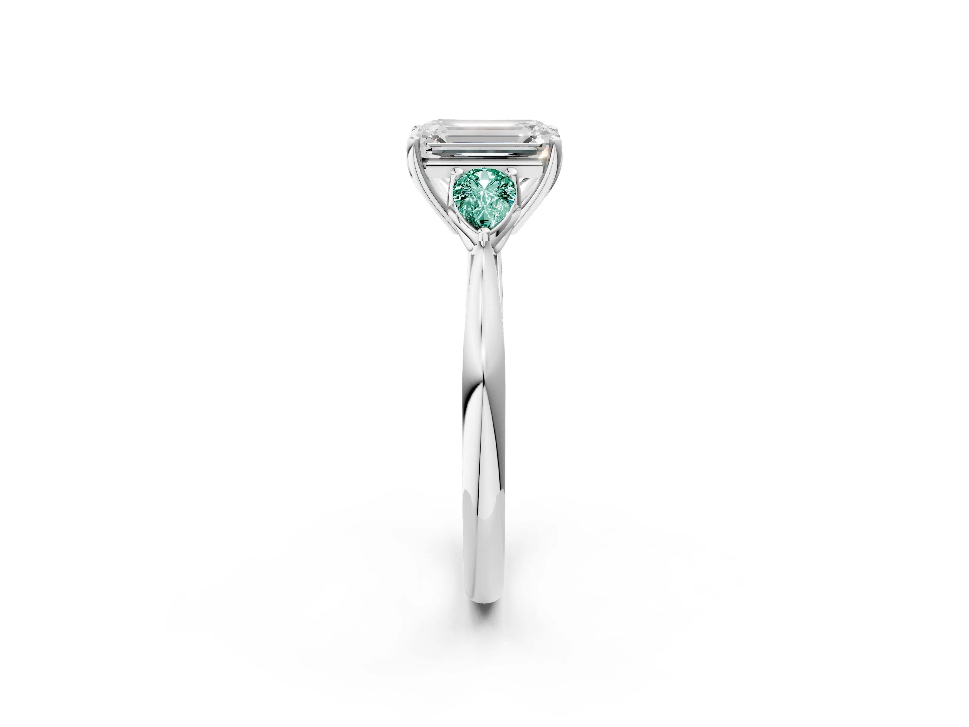 White gold Emerald Cut Diamond Three-Stone Ring with Pear with Green Sapphire side stone Side Stones and Prong Setting_50