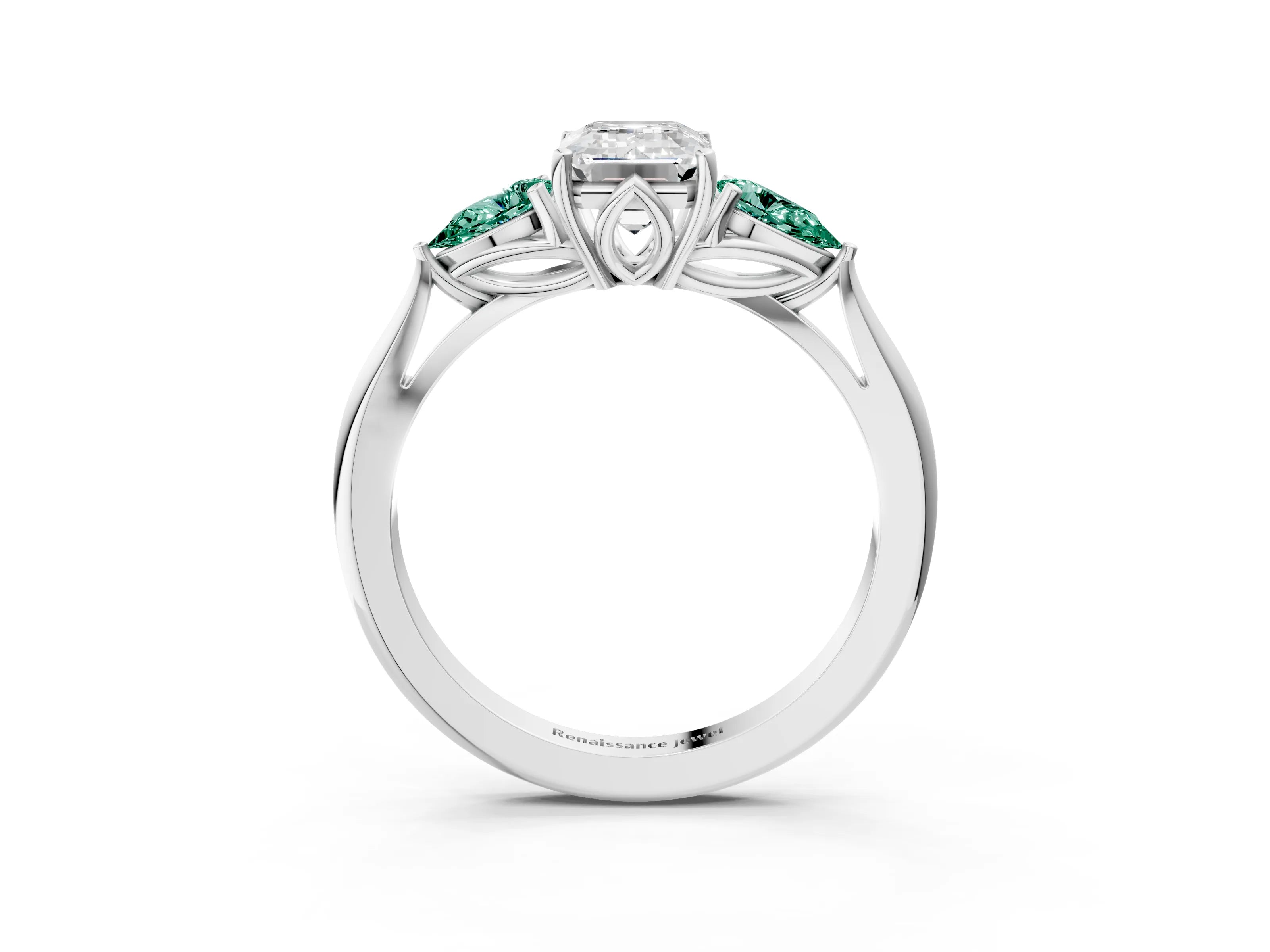 White gold Emerald Cut Diamond Three-Stone Ring with Pear with Green Sapphire side stone Side Stones and Prong Setting_51