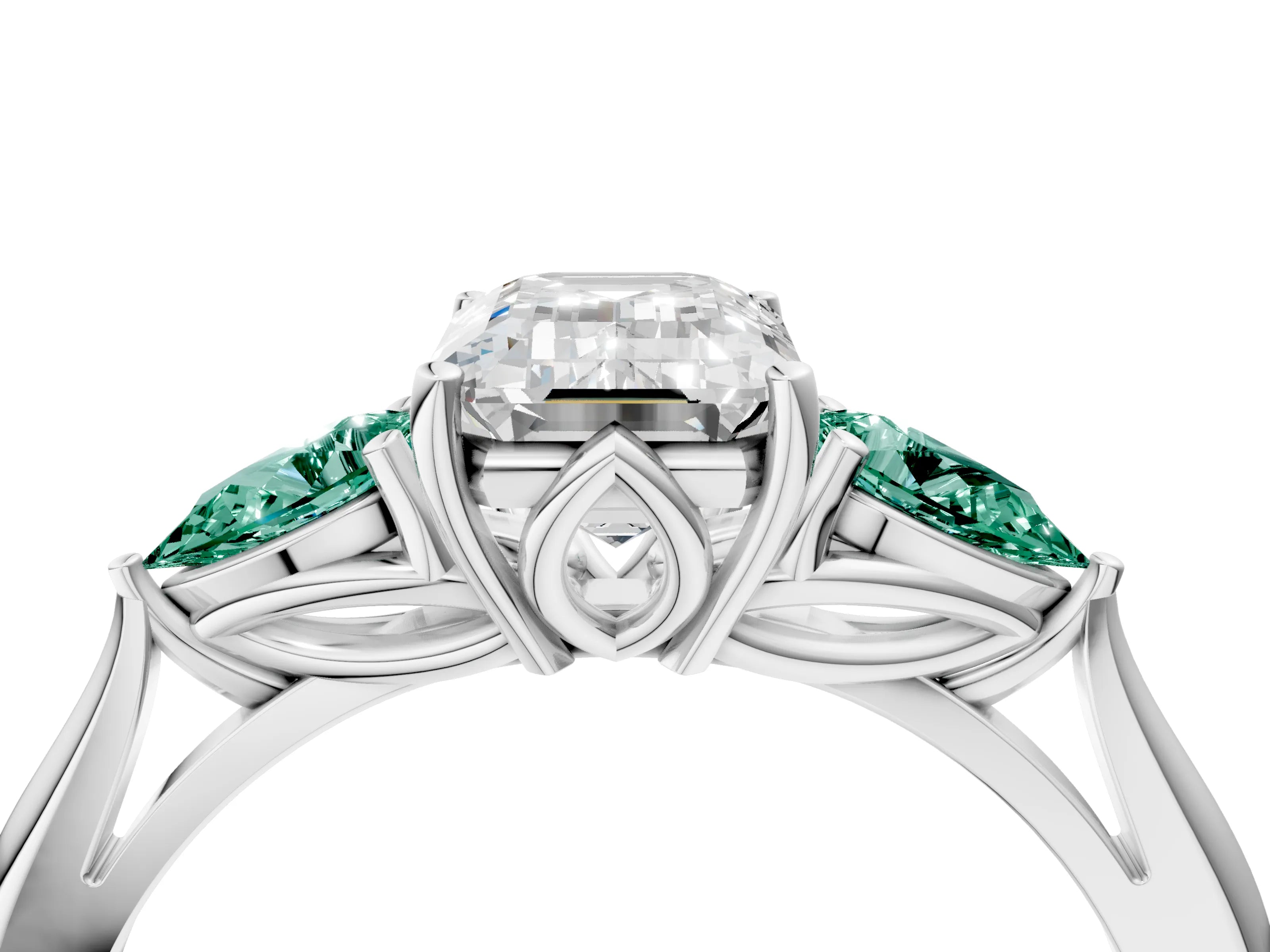 White gold Emerald Cut Diamond Three-Stone Ring with Pear with Green Sapphire side stone Side Stones and Prong Setting_52