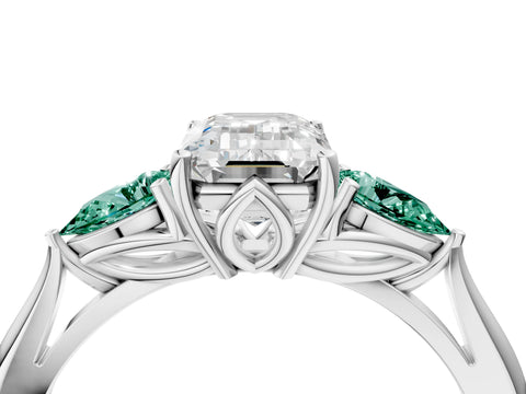 White gold Emerald Cut Diamond Three-Stone Ring with Pear with Green Sapphire side stone Side Stones and Prong Setting_52