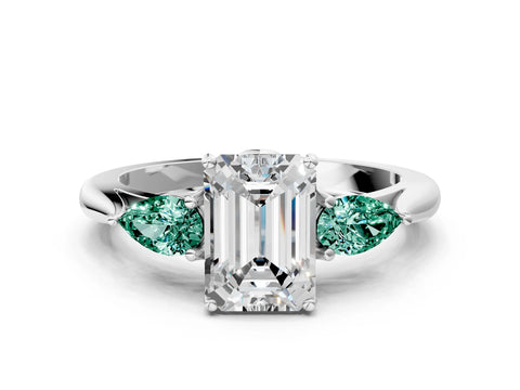 White gold Emerald Cut Diamond Three-Stone Ring with Pear with Green Sapphire side stone Side Stones and Prong Setting_54