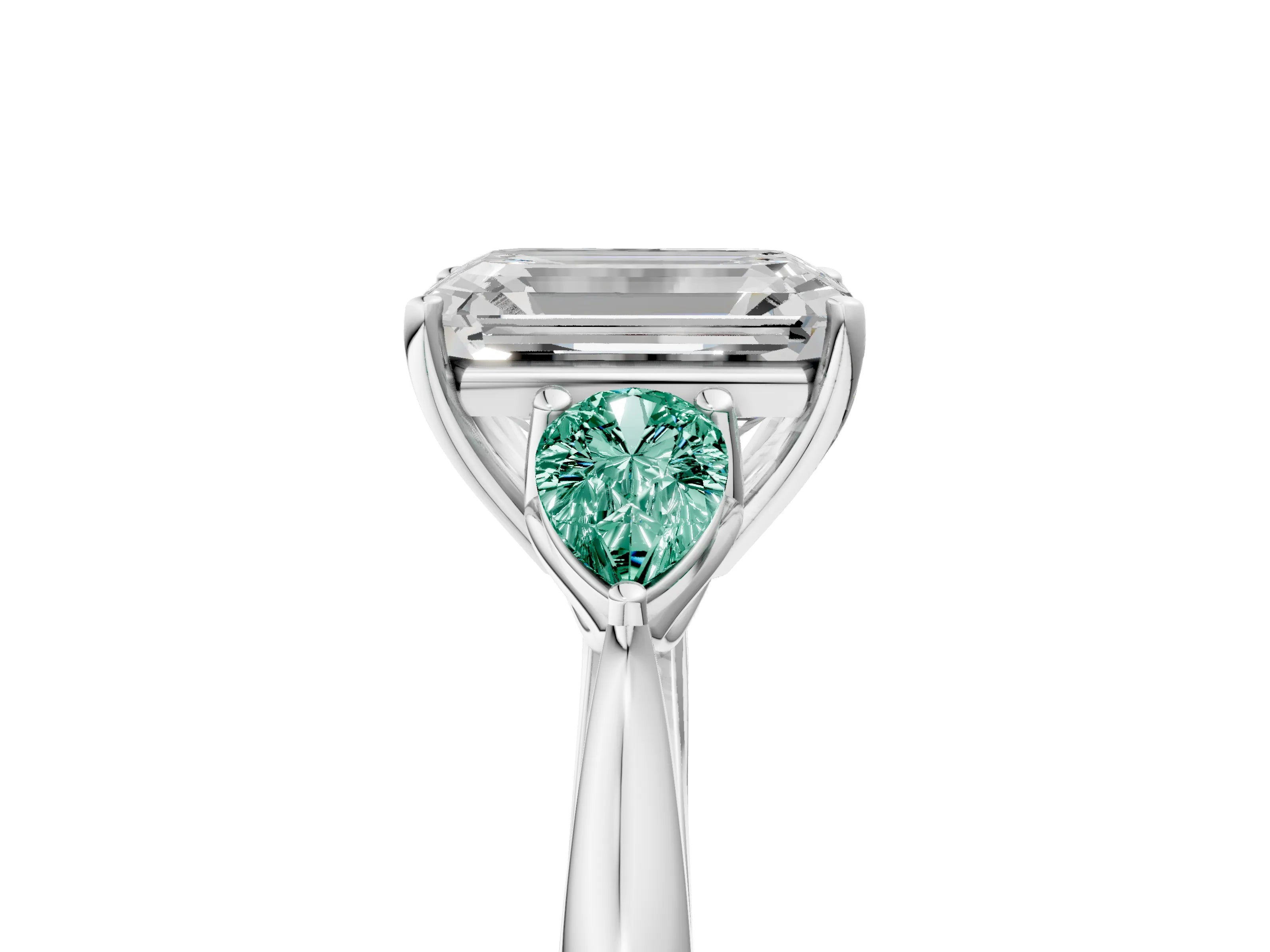 White gold Emerald Cut Diamond Three-Stone Ring with Pear with Green Sapphire side stone Side Stones and Prong Setting_59