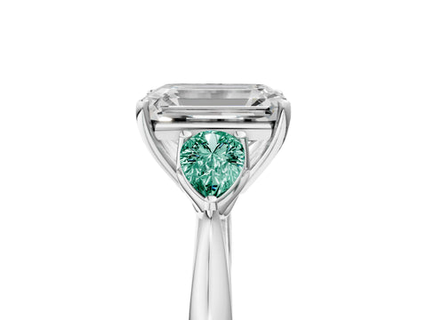 White gold Emerald Cut Diamond Three-Stone Ring with Pear with Green Sapphire side stone Side Stones and Prong Setting_59
