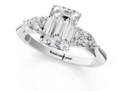 White gold Emerald Cut Diamond Three-Stone Ring with Pear with Moissanite side stone Side Stones and Prong Setting_13