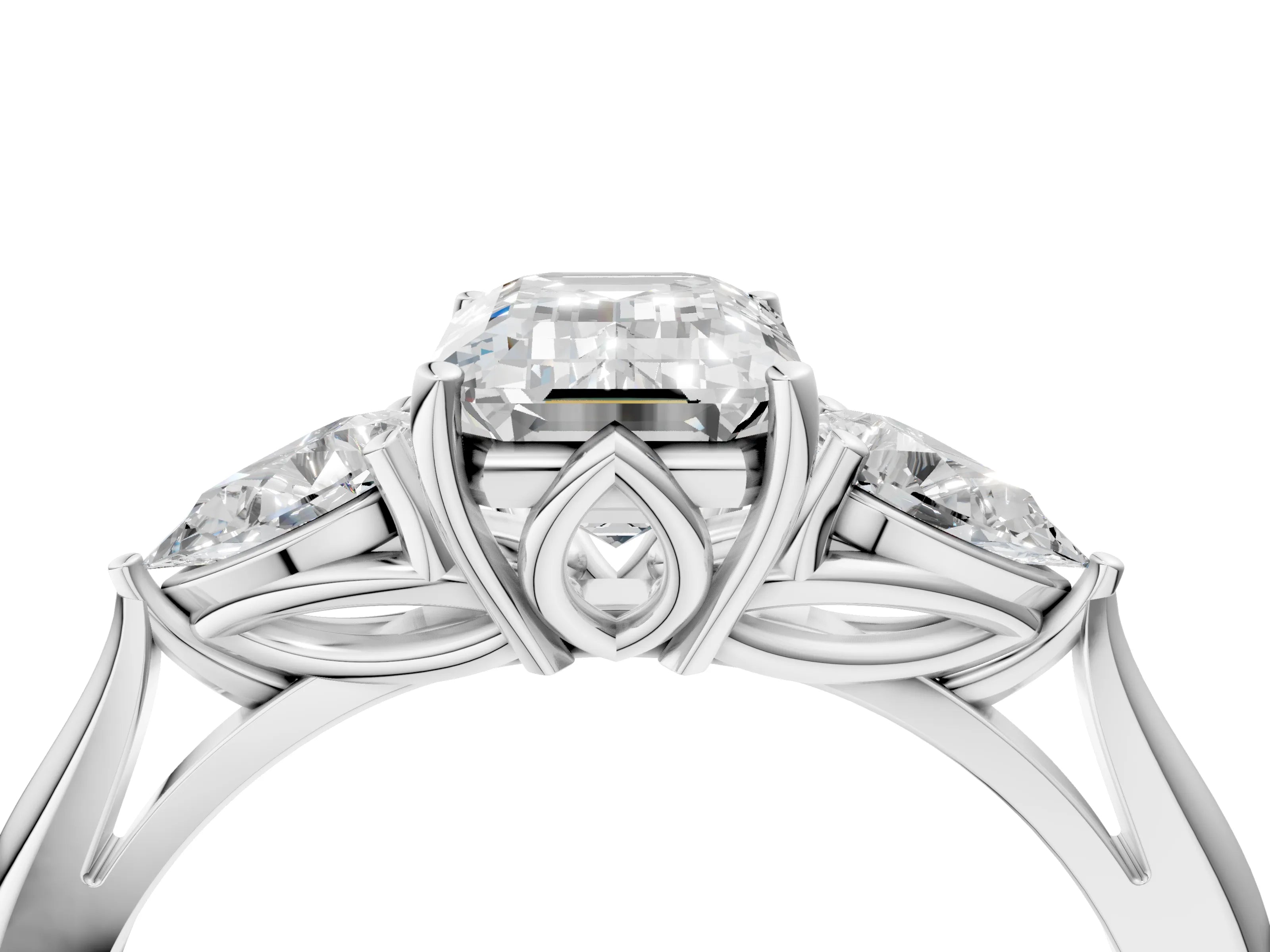 White gold Emerald Cut Diamond Three-Stone Ring with Pear with Moissanite side stone Side Stones and Prong Setting_16
