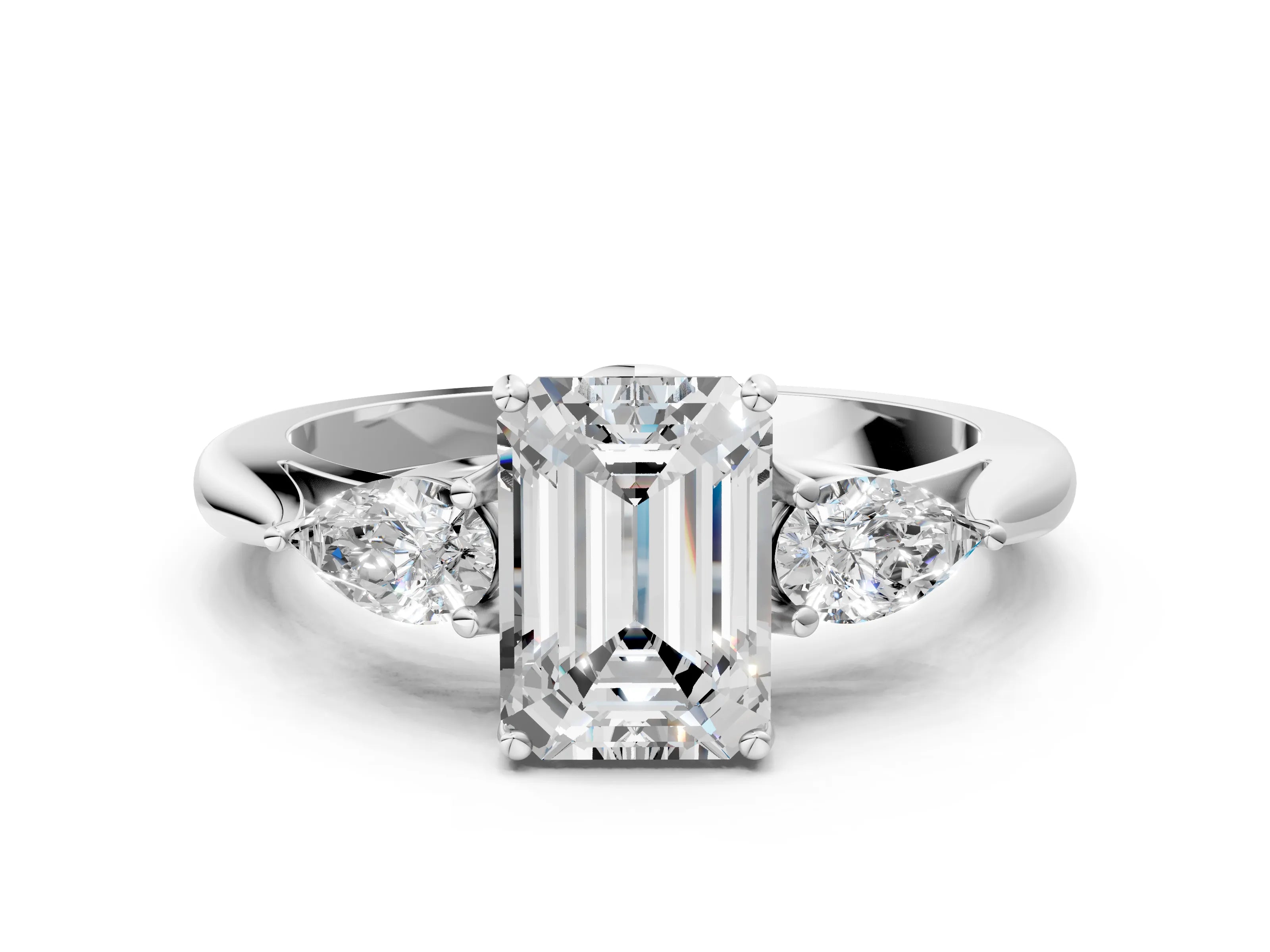 White gold Emerald Cut Diamond Three-Stone Ring with Pear with Moissanite side stone Side Stones and Prong Setting_24