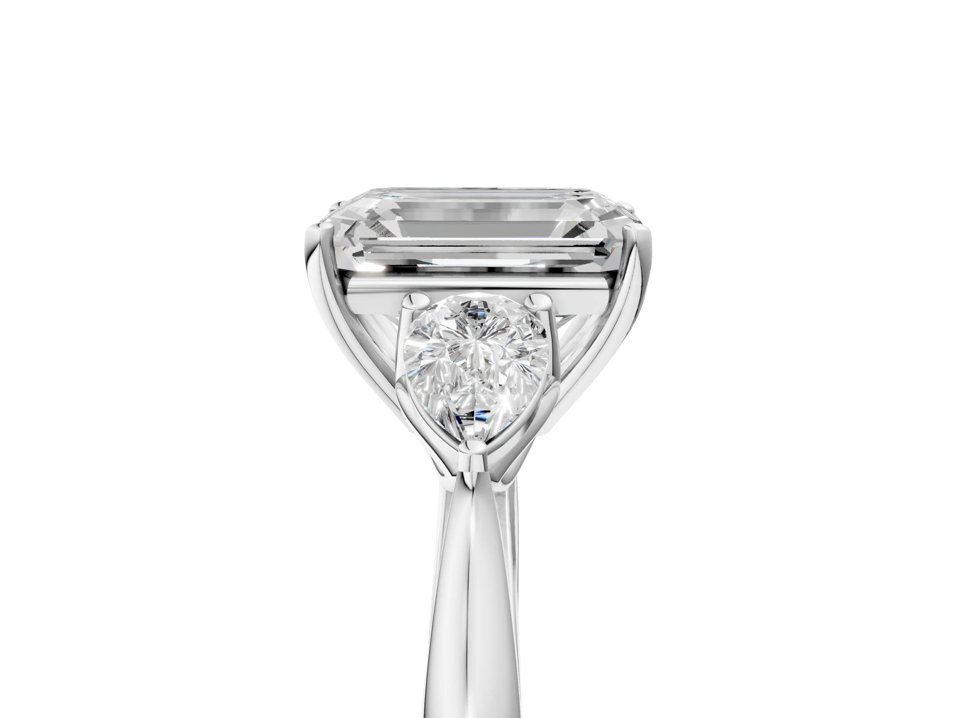 White gold Emerald Cut Diamond Three-Stone Ring with Pear with Moissanite side stone Side Stones and Prong Setting_29