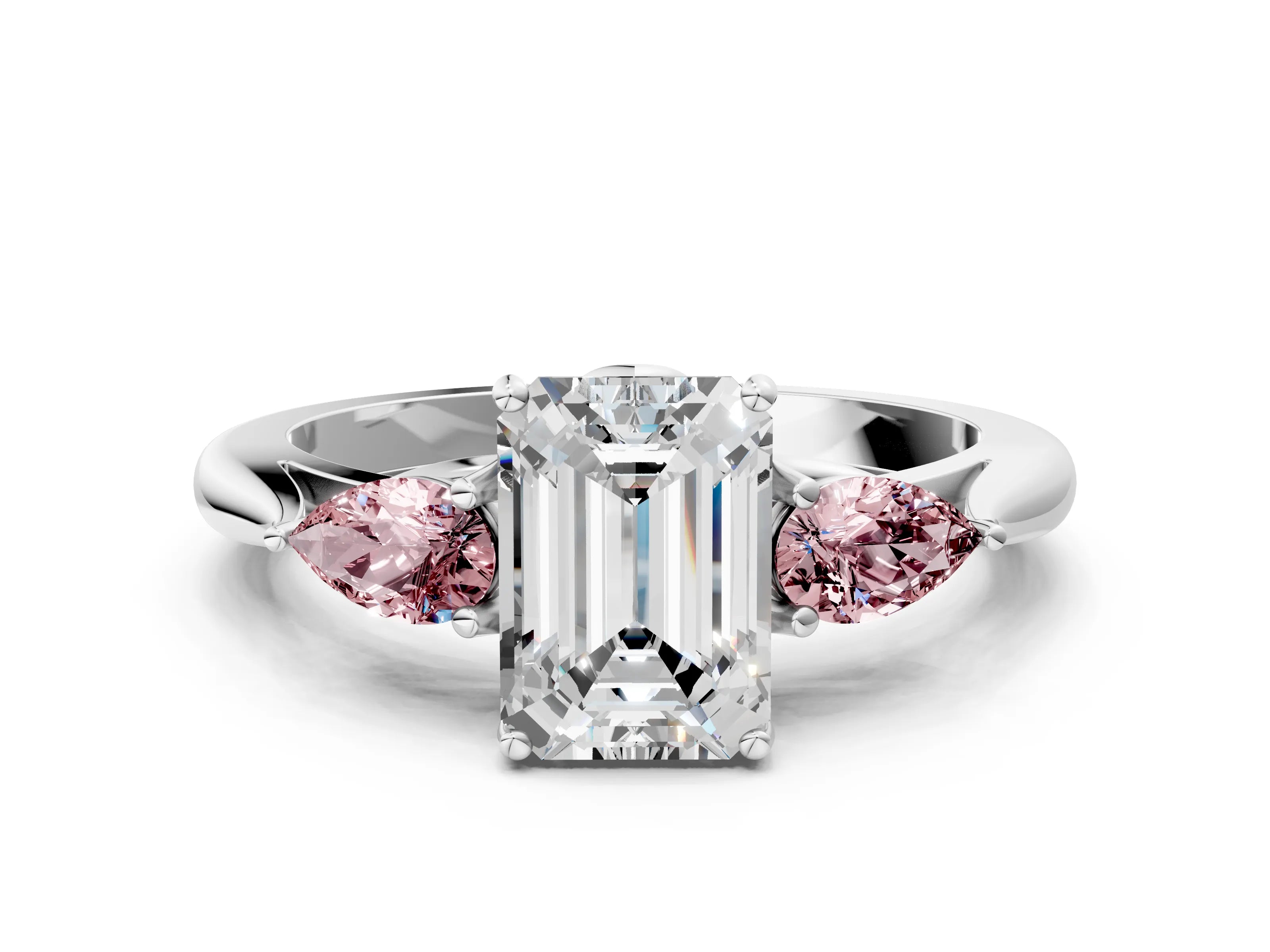 White gold Emerald Cut Diamond Three-Stone Ring with Pear with Morganite side stone Side Stones and Prong Setting_12