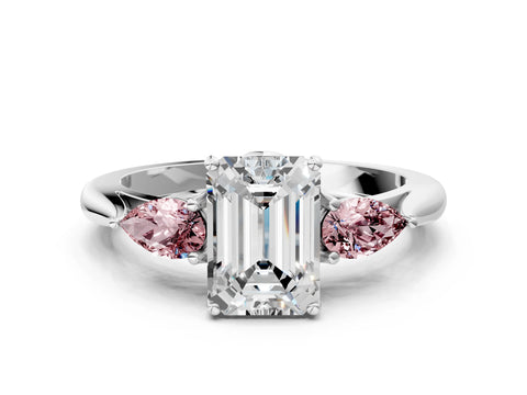 White gold Emerald Cut Diamond Three-Stone Ring with Pear with Morganite side stone Side Stones and Prong Setting_12
