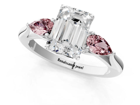 White gold Emerald Cut Diamond Three-Stone Ring with Pear with Morganite side stone Side Stones and Prong Setting_13